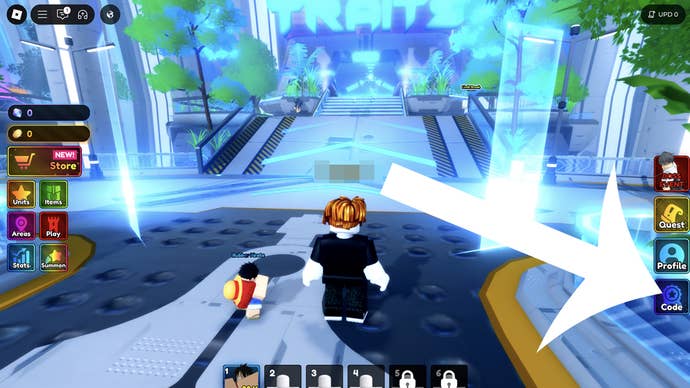An arrow pointing at the codes button in the Roblox game Anime Rangers X.