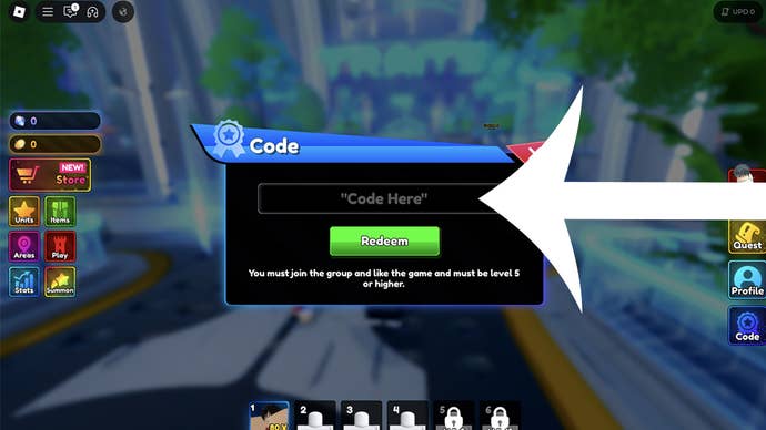 An arrow pointing at the codes menu in the Roblox game Anime Rangers X.