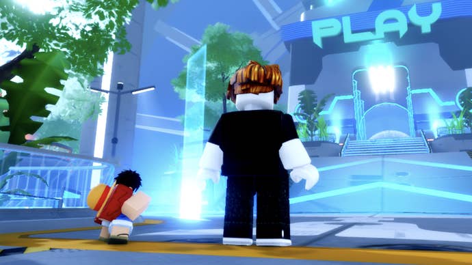 A Roblox character, standing next to a tiny One Piece-inspired character in the tower defense game Anime Rangers X.