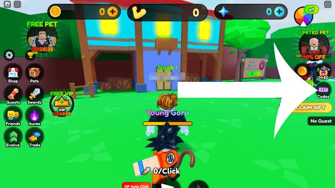 Arrow pointing at the codes button in the Roblox game Anime Realms Simulator.