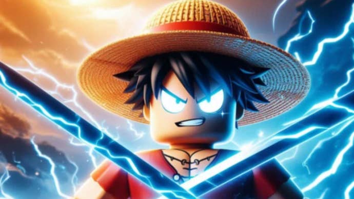 Artwork for the Roblox game Anime Realms Simulator, showing an anime-inspired Robloxified character.