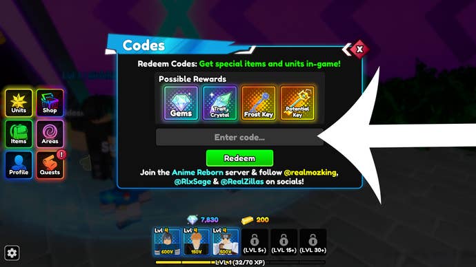Arrow pointing at the codes menu in the Roblox game Anime Reborn.