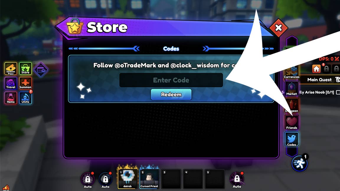 Uma flecha apontando para o menu Códigos no Anime Rising Game Rising.