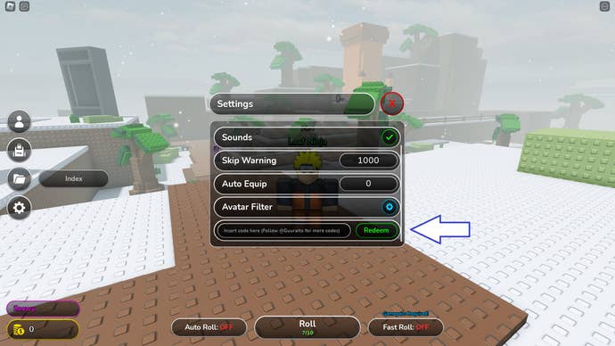 A screenshot from Anime RNG in Roblox showing the game's codes field.