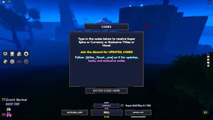 A screenshot from Anime Roulette in Roblox showing the game's codes menu.