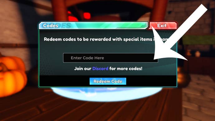 Arrow pointing at the codes menu in the Roblox game Anime Royale.