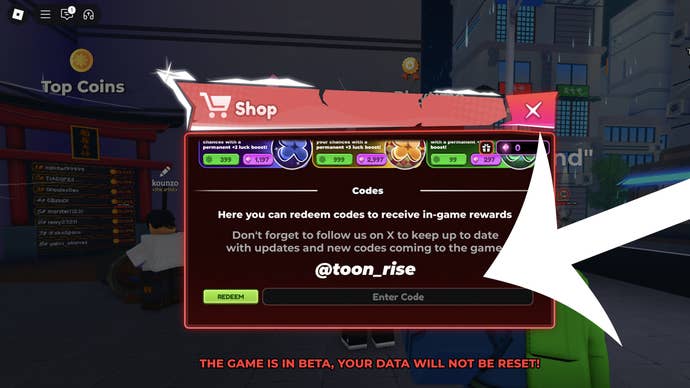 An arrow pointing to the Roblox Game Codes menu Anime Shadow 2.