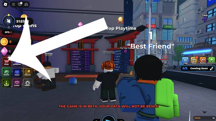 An arrow pointing on the boutique button in the Roblox game animates Shadow 2.