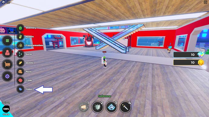 A screenshot from Anime Simulator in Roblox showing the game’s codes button.