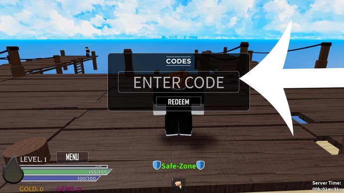 Arrow pointing at the codes menu in the Roblox game Anime Spirits.