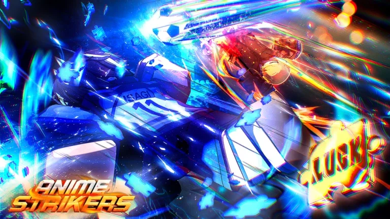 Artwork for the Roblox game Anime Strikers showing a Blue Lock-inspired anime football character with a powerful glow surrounding them.