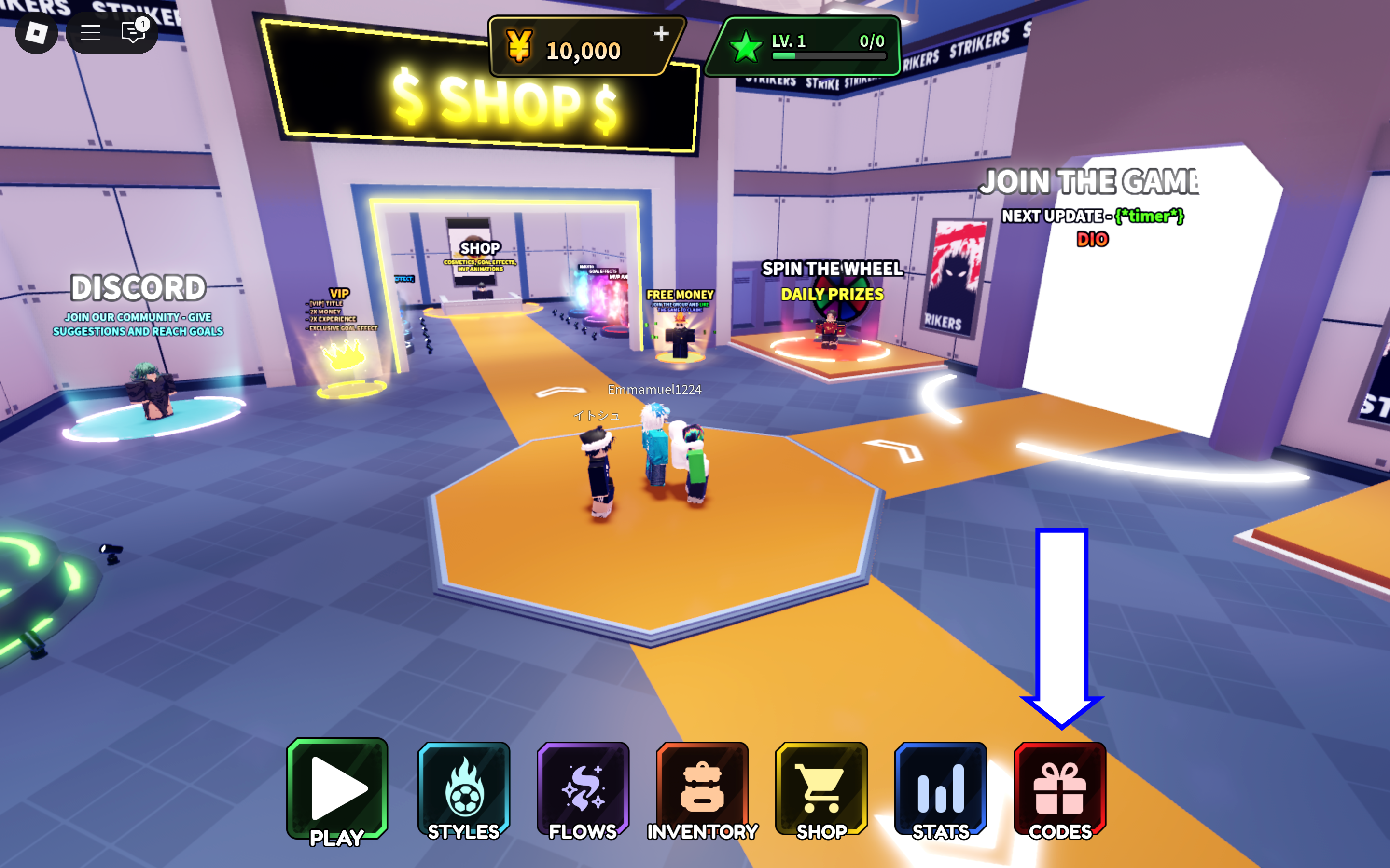A screenshot of Anime Strikers in Roblox showing the game's codes button.