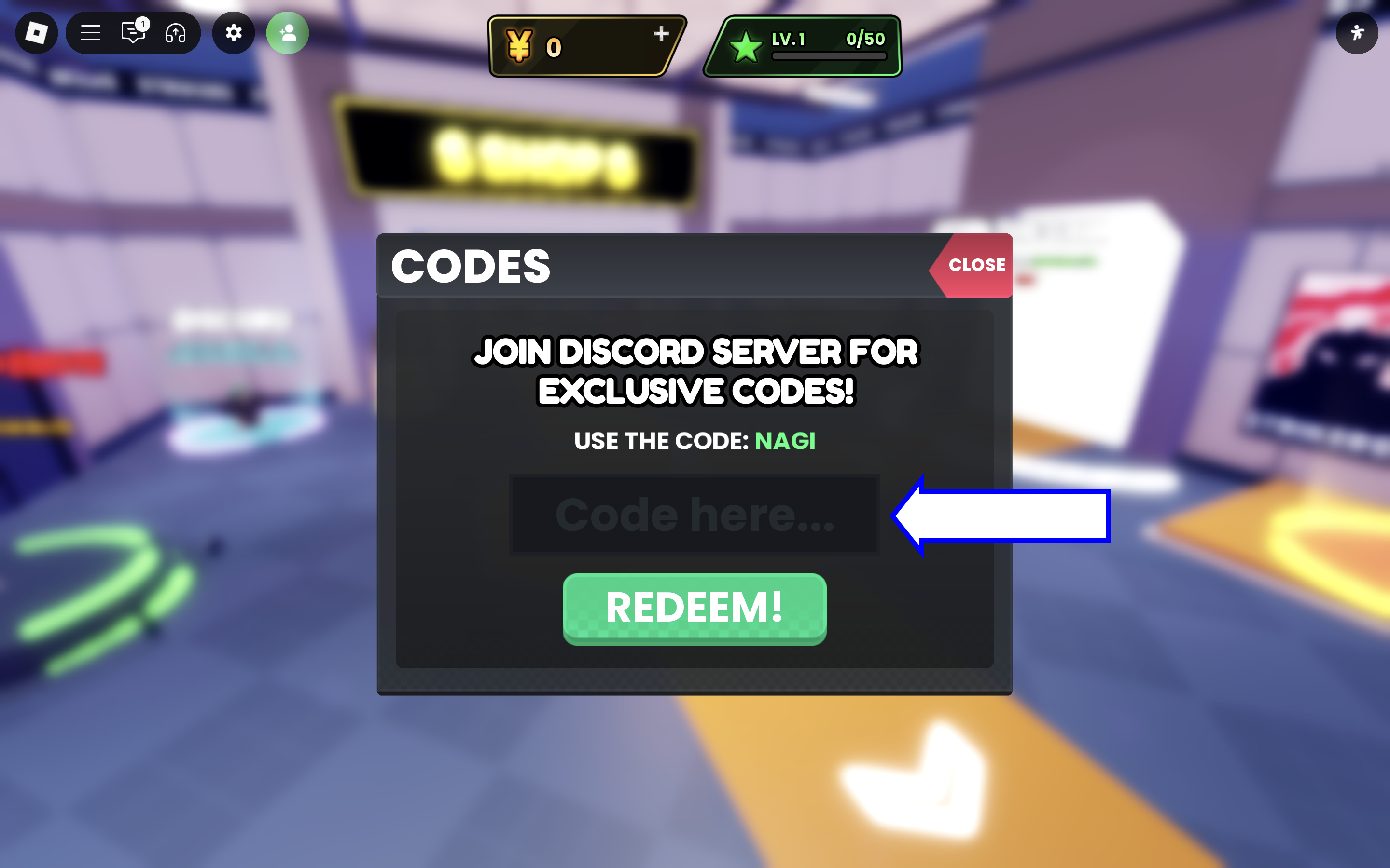 A screenshot of Anime Strikers in Roblox showing the game's codes field.
