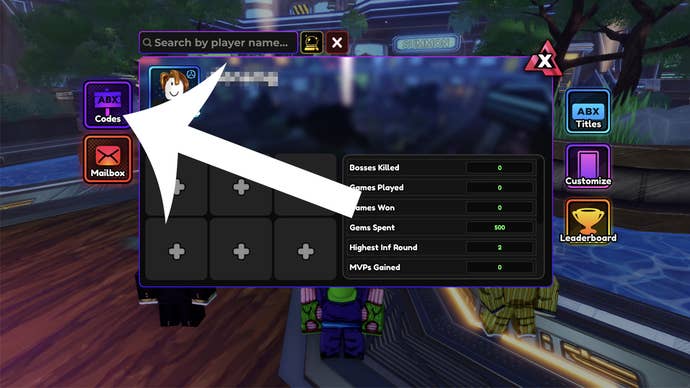 An arrow pointing at the codes button in Anime Vanguards.