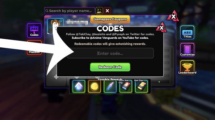 An arrow pointing at the codes menu in Anime Vanguards.
