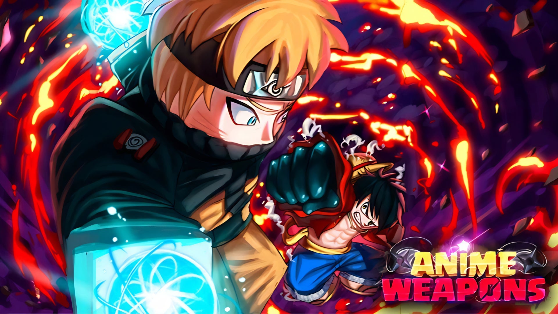 Artwork from the Roblox game, Anime Weapons, featuring Naruto facing off against Luffy in a fiery vortex. - 1