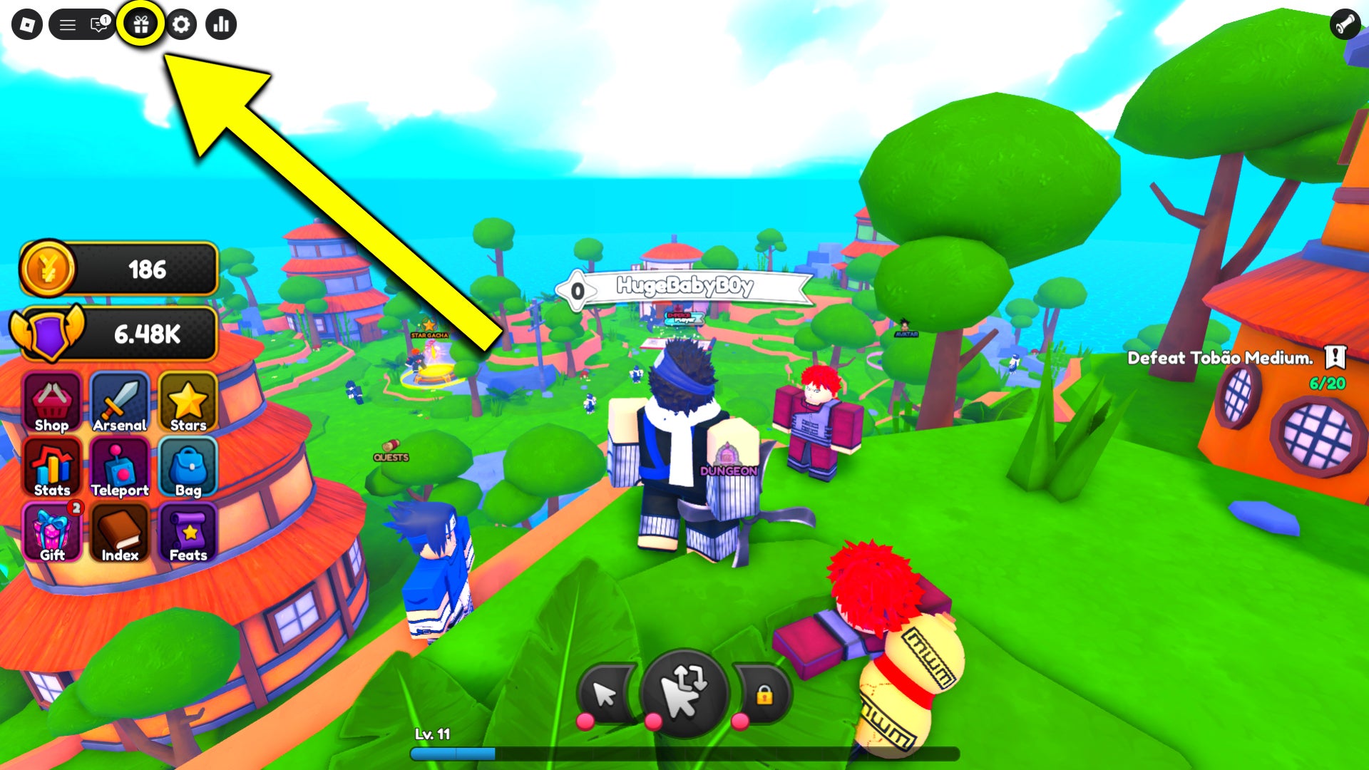 An in-game screenshot from Anime Weapons on Roblox, featuring an arrow pointing to the code redemption button. - 3