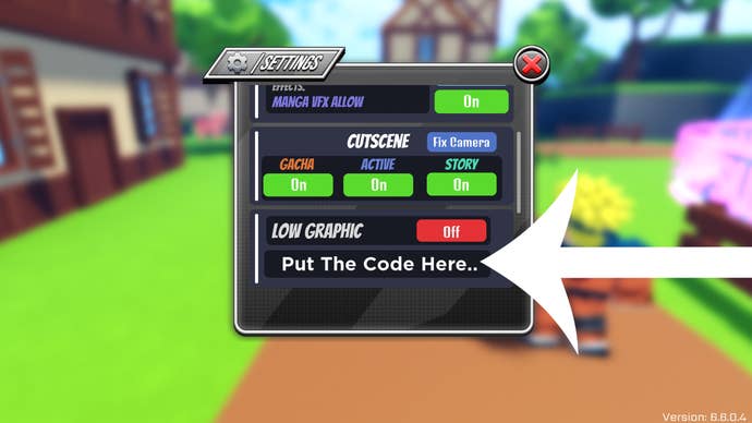 Arrow pointing at the codes screen in Anime World Tower Defense.