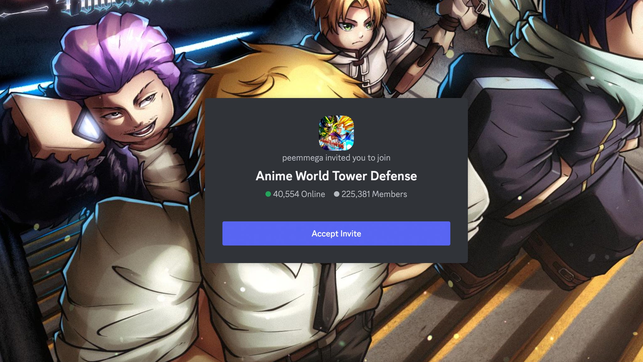 A Discord page showing an invite for the official Anime World Tower Defense server. - 3