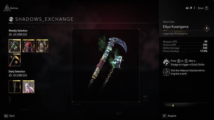 The Exchange section of the Assassin’s Creed Animus Hub, showing a new weapon that can be acquired for Keys.