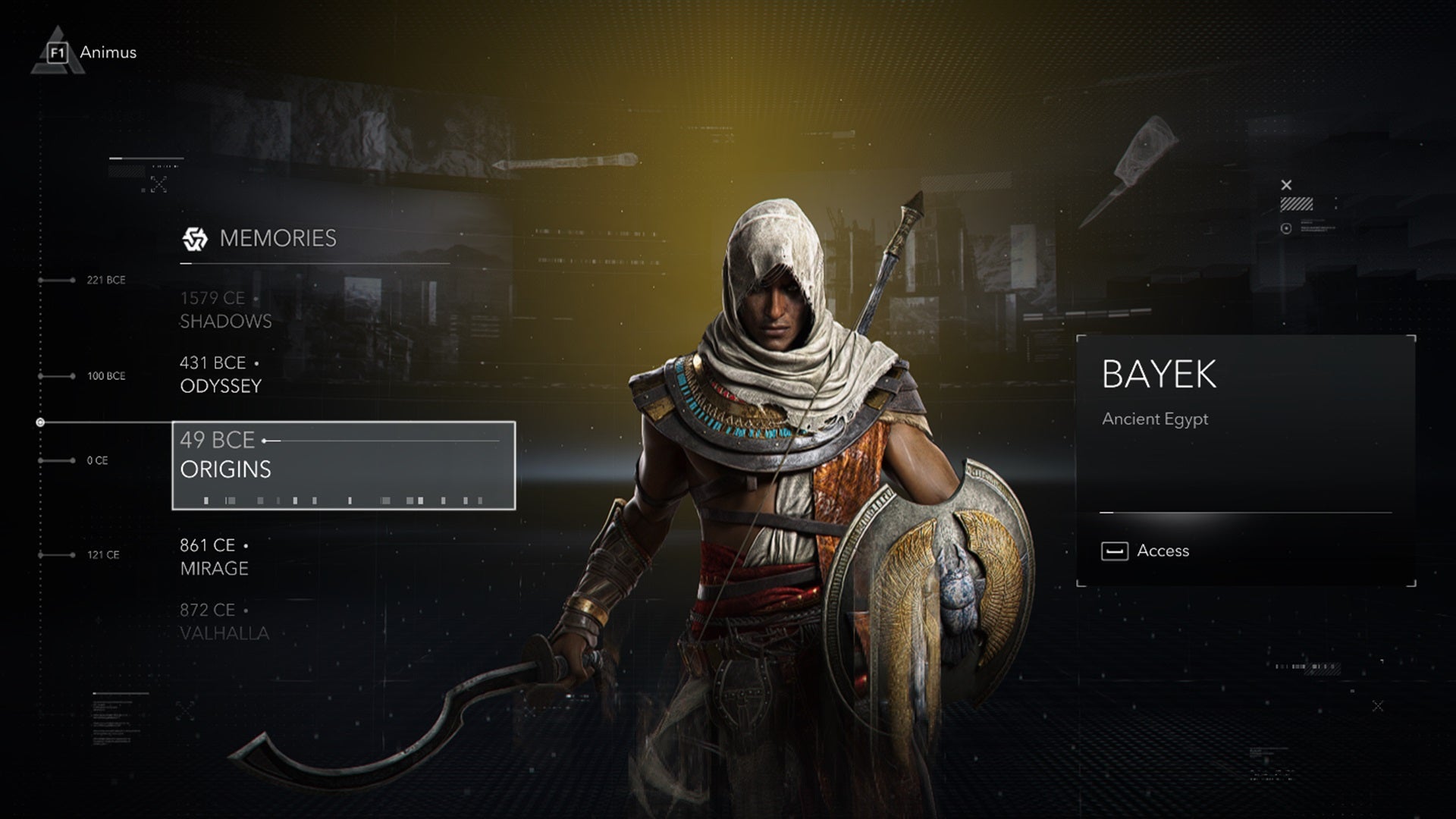 The Memories section of the Assassin's Creed Animus Hub, showing Bayek from Assassin's Creed Origins. - 4