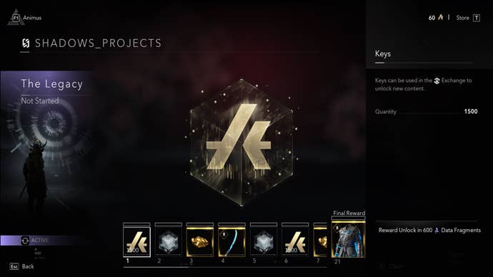 The Projects section of the Assassin’s Creed Animus Hub, showing rewards that can be acquired for undertaking special missions.