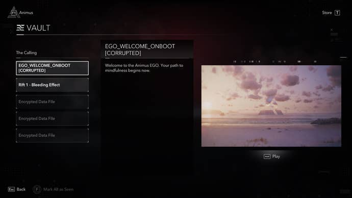 The Vault section of the Assassin’s Creed Animus Hub, showing unlockable lore videos.