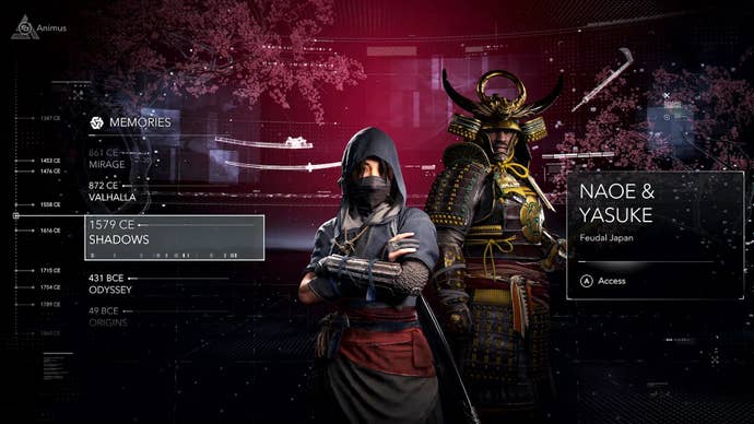 The Animus Hub of Assassin’s Creed, showing Naoe and Yasuke, the playable characters of Assassin’s Creed Shadows.