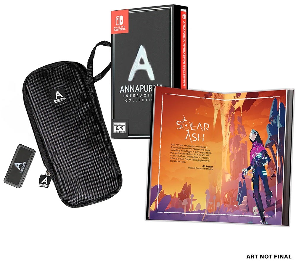 Everything included in the physical Annapurna Interactive Deluxe Limited Edition Collection for the Nintendo Switch: a console storage case, game folio case, and artbook.