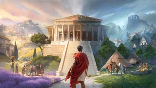 Anno 117: Pax Romana artwork showing a character in a toga stood at the foot of a stone staircase leading up to a large ancient Roman building.
