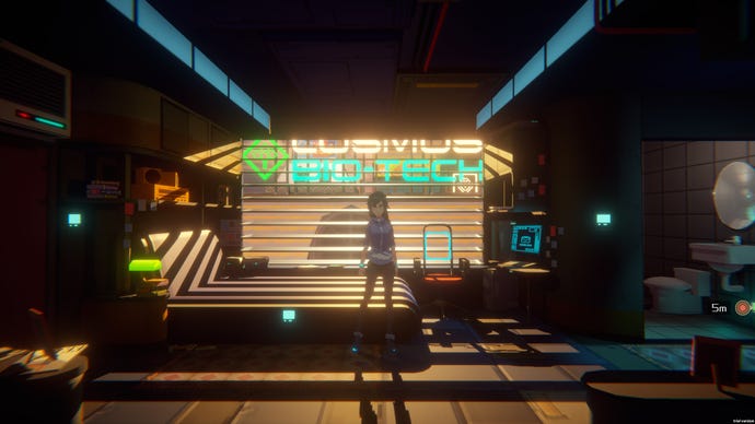 Standing in my cyberpunk apartment in an Anno: Mutationem screenshot.