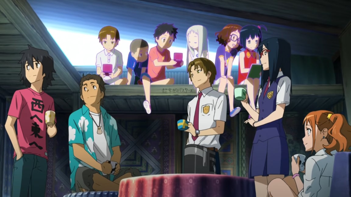 A scene from the anime Anohana, showing the main characters as adolescents, alongside their younger selves. - 4