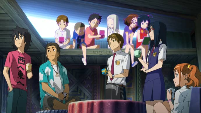 A scene from the anime Anohana, showing the main characters as adolescents, alongside their younger selves.