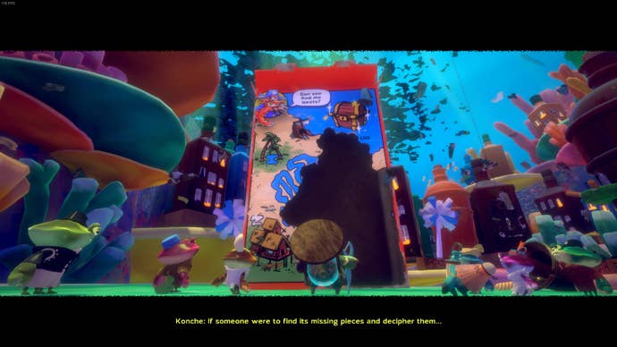 Various crabs look up a cereal box with a missing chunk in Another Crab’s Treasure.