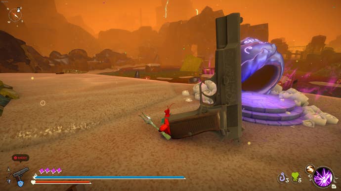 Kril’s shell is an enormous pistol in Another Crab’s Treasure.