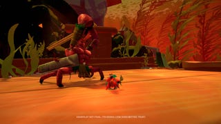 A screenshot of Another Crab's Treasure, showing a colourful hermit crab about to be attacked by a much bigger... lobster?