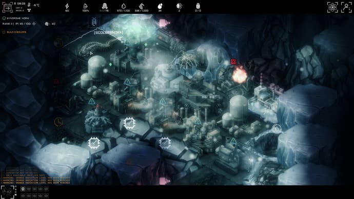 A misty blue-green-white view of underground drilling structures nestled among weird organic objects and rock formations in Anoxia Station