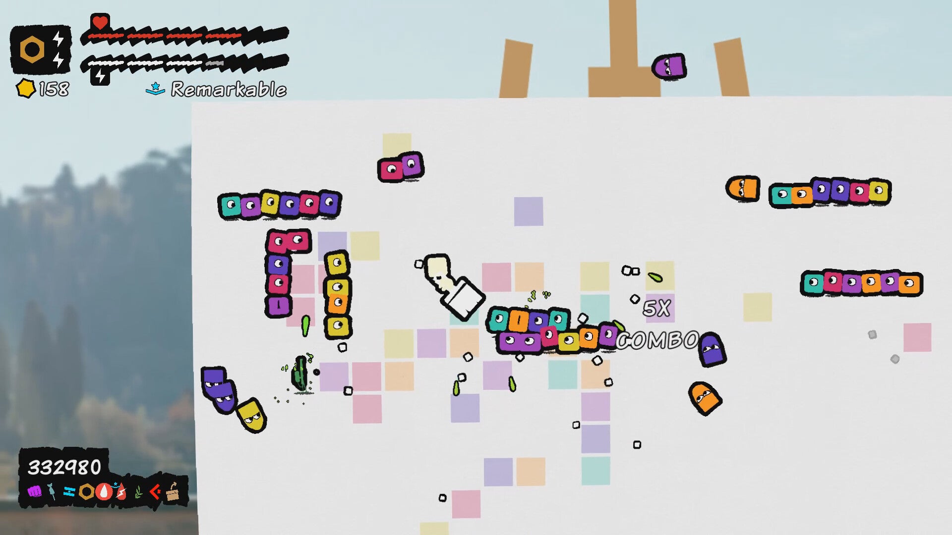 Several coloured blocks with eyes rush around a canvas in Antipaint - 29