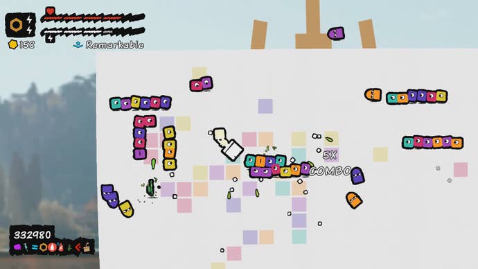 Several coloured blocks with eyes rush around a canvas in Antipaint