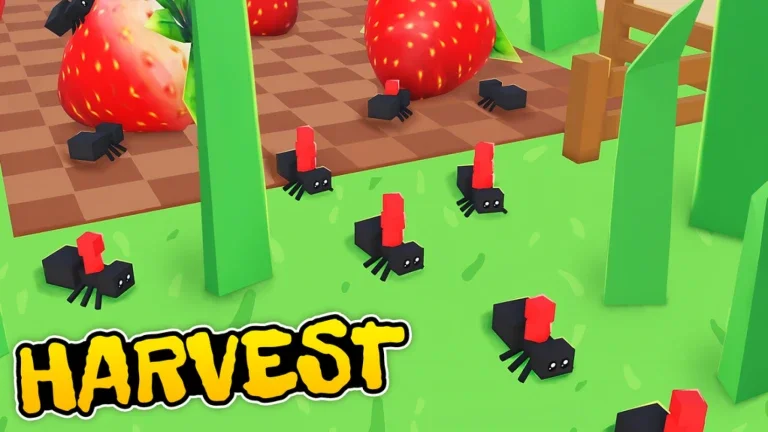 Artwork for the Roblox game Ants Empire showing a group of cute, block-shaped ants eating from a patch of strawberries in a garden.