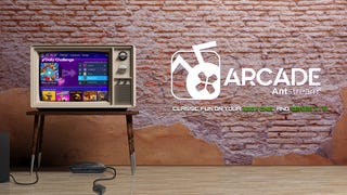 An old TV showing Antstream Arcade sits in front of a partially exposed brick wall. An unplugged Sega Genesis console sits underneath it. The Antstream Arcade logo takes up the right side of the picture