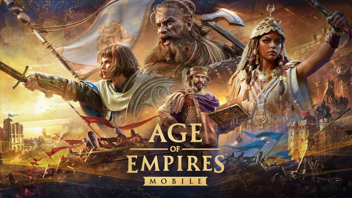 Artwork for Age of Empires Mobile, showing historic characters posing. Some are holding weapons and a battle can be seen in the background.