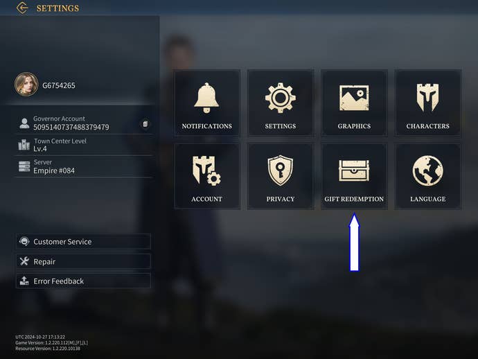 A screenshot of Age of Empires Mobile showing the game’s code button.