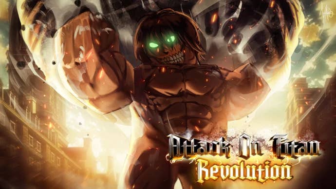 Artwork for the Roblox game Attack on Titan Revolution, showing a Robloxified version of one of the anime’s titans.