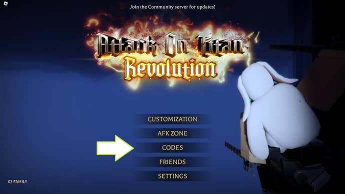 A screenshot from Attack on Titan Revolution in Roblox showing the game's codes button.
