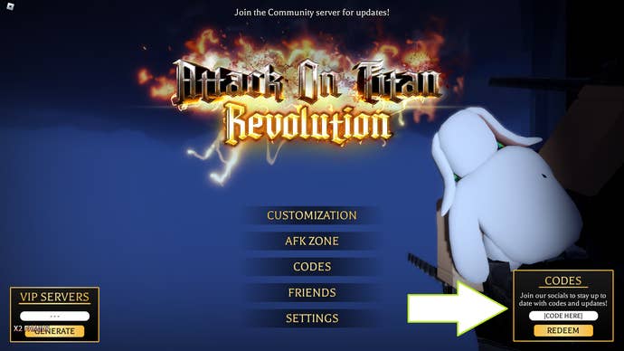 A screenshot from Attack on Titan Revolution in Roblox showing the game's codes popup.