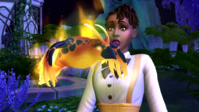 Grace Anansi reacts with surprise as a small, flying, orange-and-black familiar circles her head in The Sims 4 Realm of Magic.