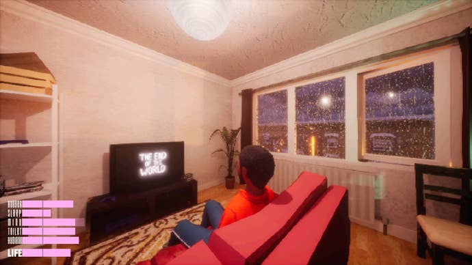 A man sits and watches a television that reads “The End Of The World” in Apartment Story.