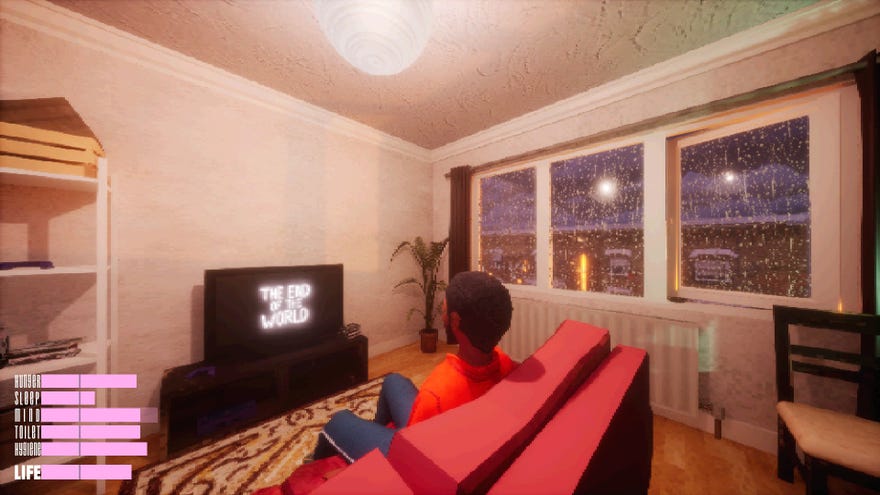 A man sits and watches a television that reads “The End Of The World” in Apartment Story.