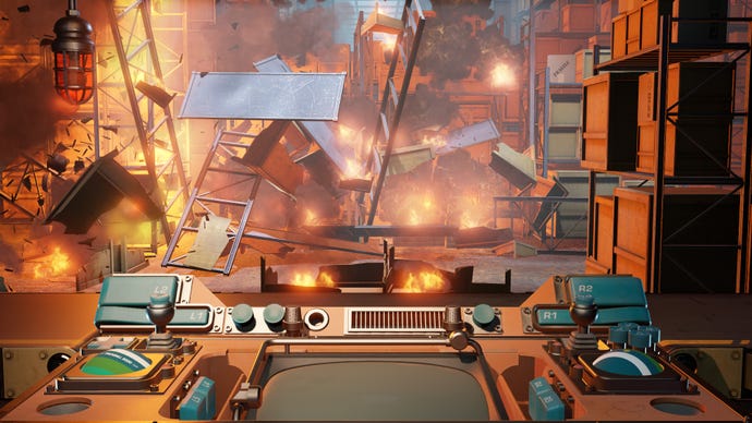A scene from Aperture Desk Job showing a burning factory behind the player’s control console.